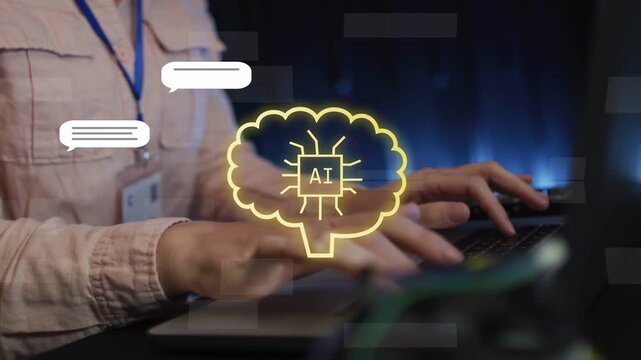 Woman typing laptop initiating neon AI brain drawing, spawning chat bubbles thumbnails for AI help