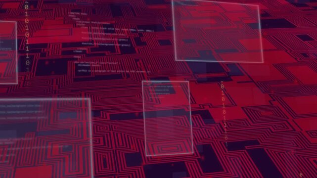 Camera panning ahead, sending data panels descending over red-black PCB, showing binary data flow
