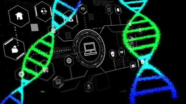On load neon helix pair pulsing, central HUD expanding, hex icons linking to show bio-data bond