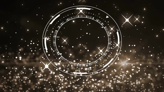On play central sepia HUD ring rotating while gold bokeh shining sparkles flaring indicating focus