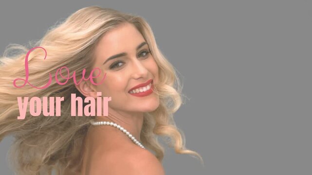 Female model flipping head while pink 'Love your hair' text overlaps, showing pearls in beauty ad