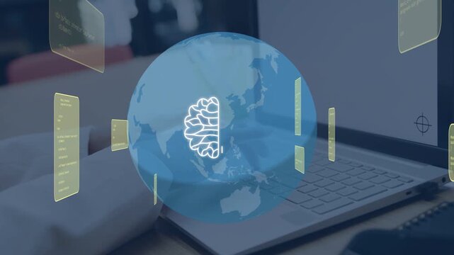 Woman typing on laptop activating blue globe above keys with cloud morphing into circuitry AI chip