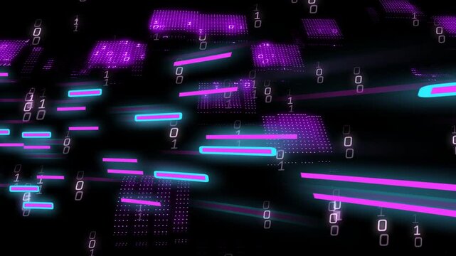 Neon bars entering left starting motion gliding past purple tiles bits cascading forming data flow