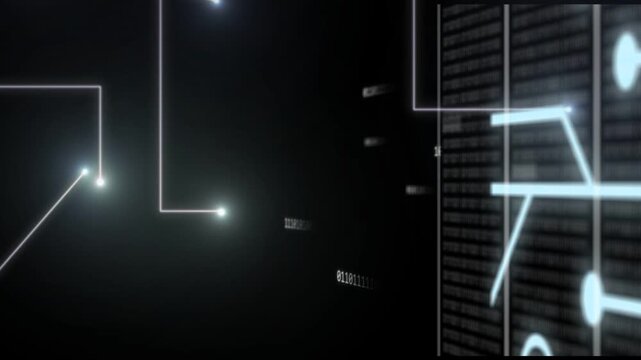 Rack panel receiving glowing nodes and L-shaped trails, lights appearing above initiating data link