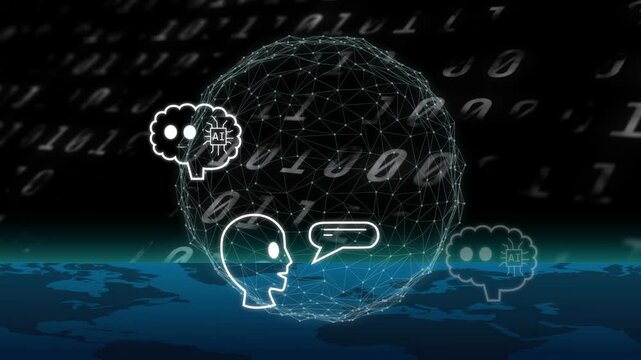 Wireframe orb rising over map, head popping AI brain reacting, chats exchanging, fading leaving orb