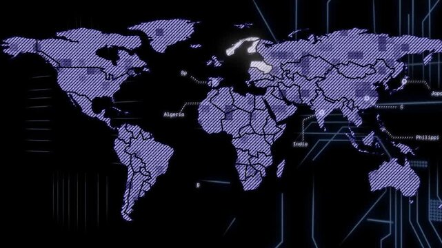 Camera panning purple map lighting nations circuits sliding labels popping showing data flow