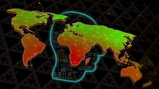 Map brightening, cyan skull outline drawing and filling with binary, illustrating cyber risk