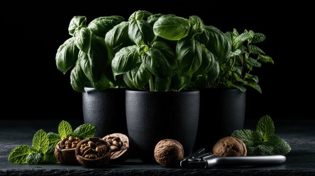Fresh basil herbs growing in dark pots with walnuts on a rustic black surface in a moody macro shot for culinary branding and restaurant marketing