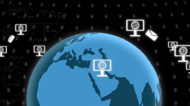 Globe rotating, rising, monitors entering right, cyan grid pulsing, icons orbiting to show network