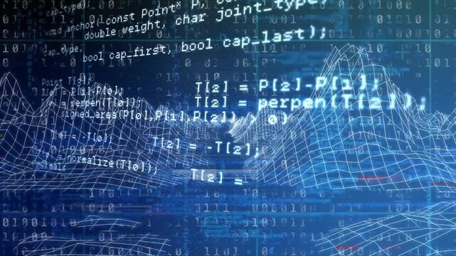 On play, code snippets and wireframe valley sliding and undulating, visualizing binary data flow