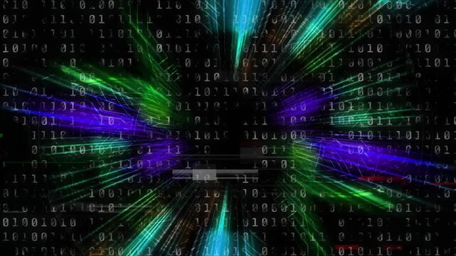 Binary grid and color streaks emerging from edges forming mirrored clusters, visualizing data flow