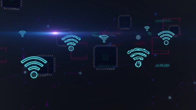 Single cyan icon appearing lower left, wireless icons emerging, aligning midline, showing data flow