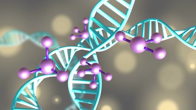Camera pivoting, teal DNA helix rotating, purple clusters approaching, docking, showing binding