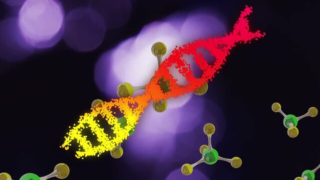 Particle cloud drifting from right forming particle DNA helix, molecules drifting to show structure