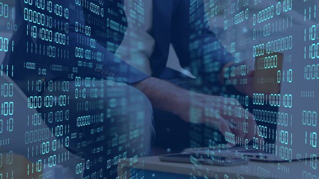 Man placing fingers, typing laptop keys and pad, binary code shifting with input, visualizing data