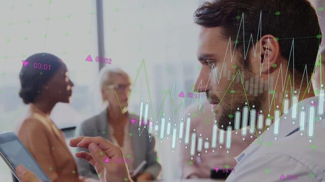 Man analyst tapping tablet, swiping animating charts  and  markers while team talks, confirming fina