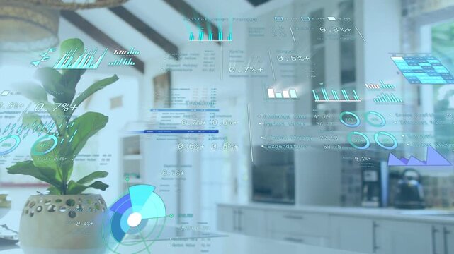 AR HUD appearing camera dollying closer HUD aligning around potted plant highlighting kitchen