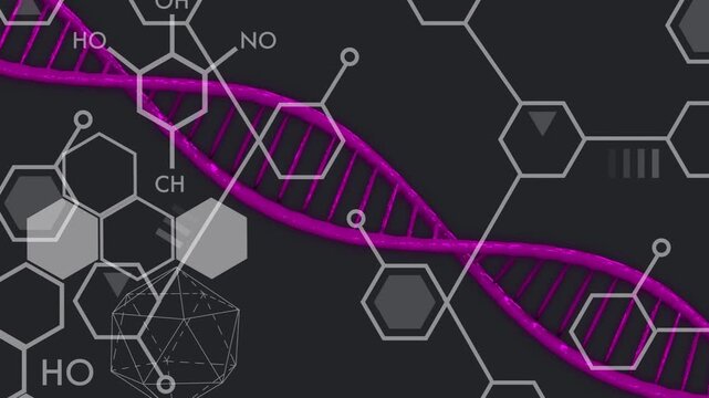 On play magenta helix pulsing and moving right while hexagons shifting to show molecular concept