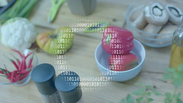 Frame1 starting binary overlay, camera panning, shifting focus, revealing peppers for cooking demo