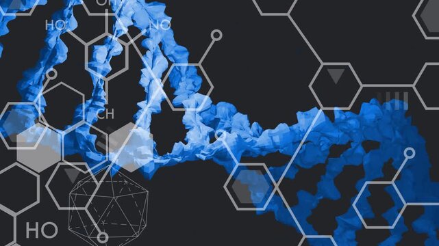 Stylized blue double-helix entering left translating right rotating bright cyan sweeping for data