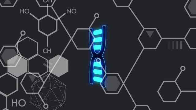 Neon-blue DNA helix fading and rotating after center pulse, pulsing to highlight molecular network