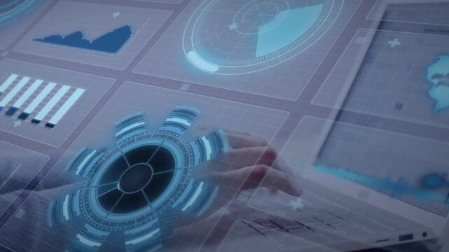 Man pressing keys and hovering fingers, activating blue HUD dashboard updating charts for analytics