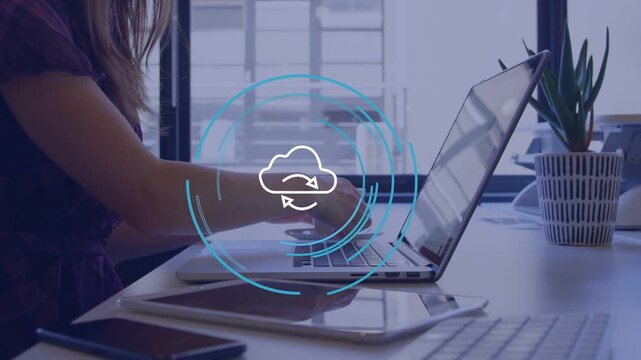 Woman lifting cup, causing pulsing cloud sync rings, using phone and laptop, syncing data for tech