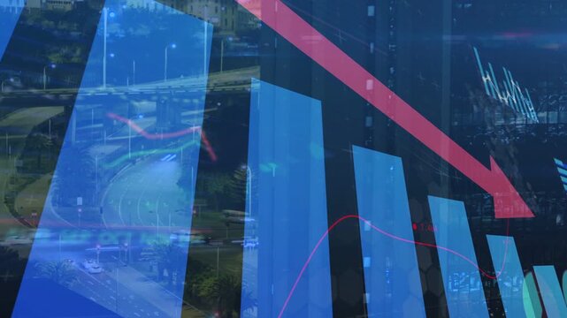 On data refresh blue vertical bars shifting and pulsing while red arrow descending, showing decline