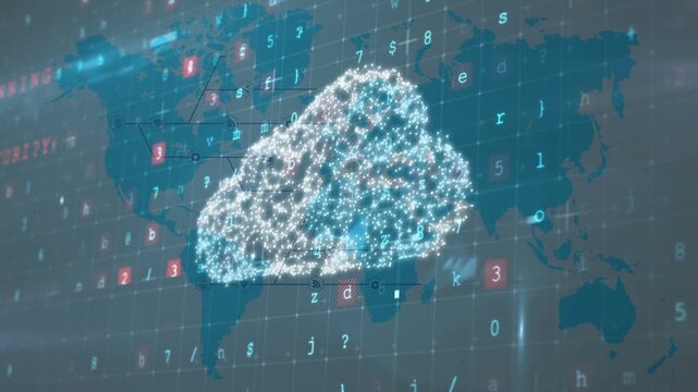 Particle burst sparking cloud forming, pulsing over teal map, warnings showing malware threat