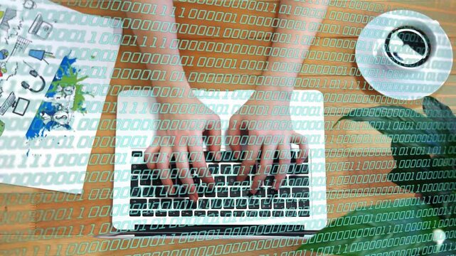 Hands starting typing, fingers tapping laptop top-down view while binary overlay showing data entry