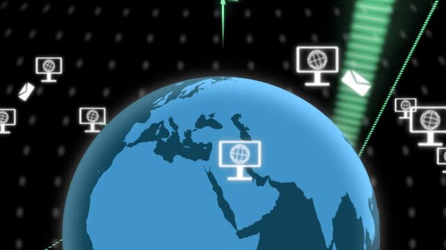 Blue globe rotating while green bars rising behind, monitors floating, grid sweeping, showing stats