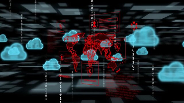 Blue cloud icons appearing and moving inward, red wireframe map emitting lines, showing data flow