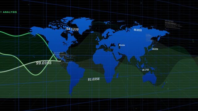 Blue map appearing, green waveform rising, bright line entering with cursor, showing global data