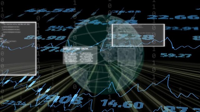 Numeric tickers starting sequence, teal globe rotating while panes collecting and analysing data