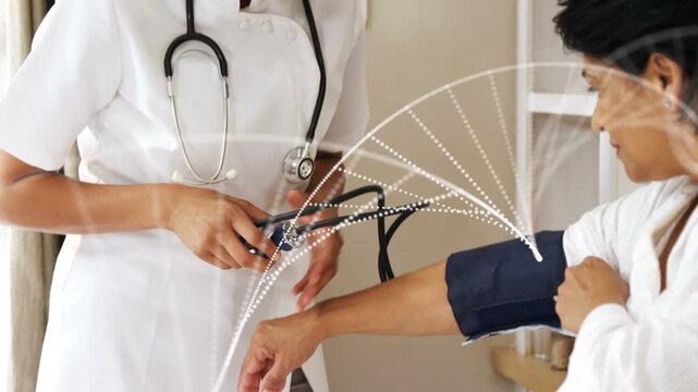 Nurse reaching for patient and placing dark cuff, animated dots highlighting medical pressure check
