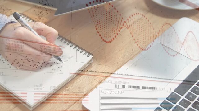 Poised right hand touching notebook and writing dotted marks while shifting spiral visualizing data