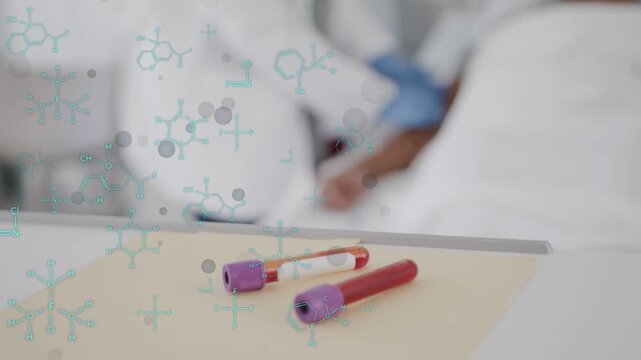 Two purple-capped tubes front as medical clinician approaching, drawing blood for lab, teal overlay