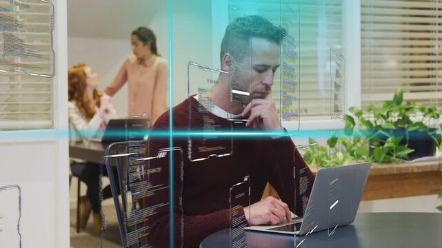Man typing, raising finger, resuming coding for tech, AR HUD showing code on laptop, women talking