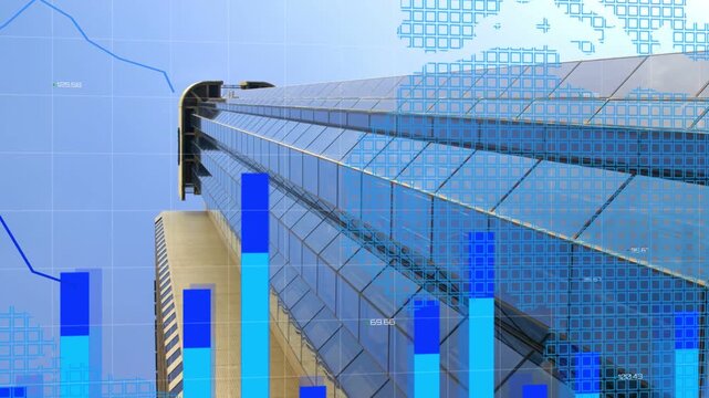 Data feed starting, glass skyscraper anchoring while bars rising map spreading, line tracing market