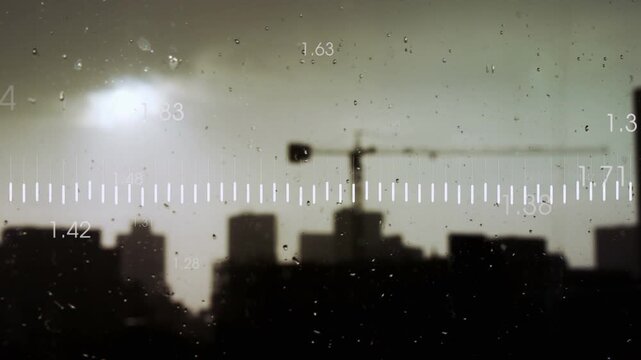 Data stream starting over rain glass skyline, red line animating along tick marks for finance