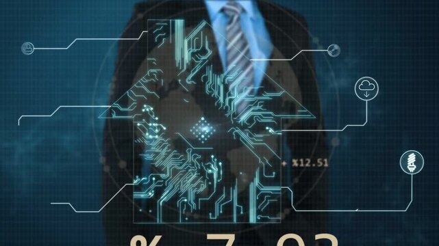 Man tapping floating graphics on tech background, activating HUD charts analysing security data