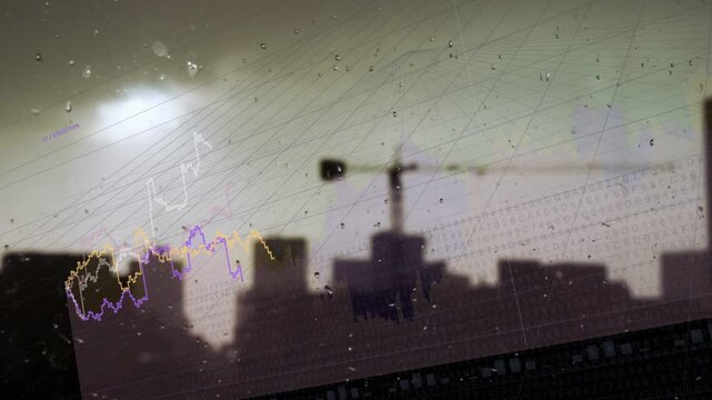 Skyline, crane receiving feed, driving animated line graphs for construction data over wet glass
