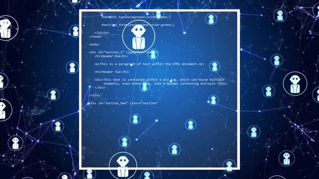 White framed code panel appearing, revealing HTML or JS while avatars drifting, showing DOM build