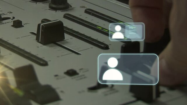 Audio engineer hand touching fader and nudging knob, summoning HUD profile cards for mixing balance
