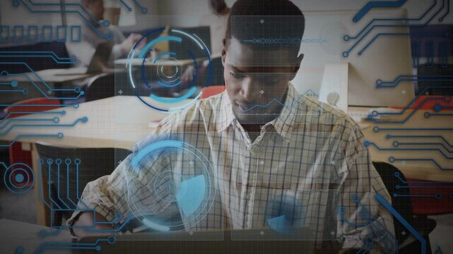 Student studying, touching trackpad, typing on laptop in education space with HUD aligning charts