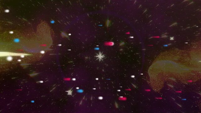 Cosmic tunnel starting purple beam blue glow lights streaking gate forming gold clouds showing flow