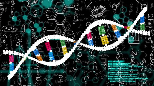 DNA helix entering left, sweeping right, twisting and bobbing, revealing bases, showing research