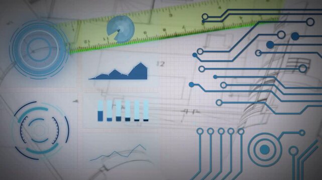 Green ruler entering upper-left, rotating clockwise, clarifying HUD, filling bars, revealing plans