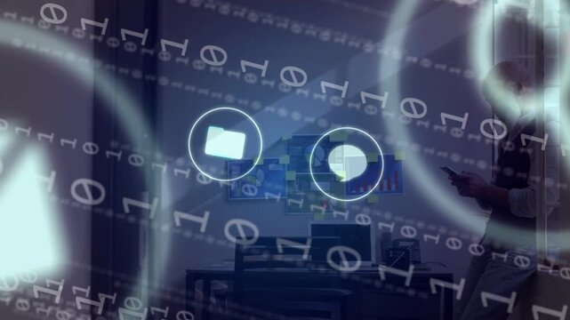 Office worker tapping smartphone and bringing technology overlay, binary icons sorting apps