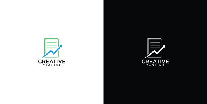 Creative logo symbolizing business growth and financial progress. Features a document icon integrated with an upward trending arrow chart, perfect for analytical reports and strategic planning